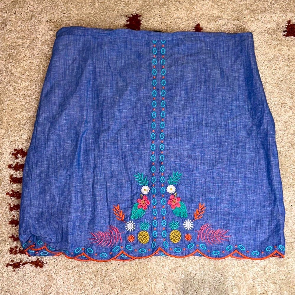 Talbots Woman’s Embroidered Linen Cotton Skirt 16 A-line Floral Summer Coastal
